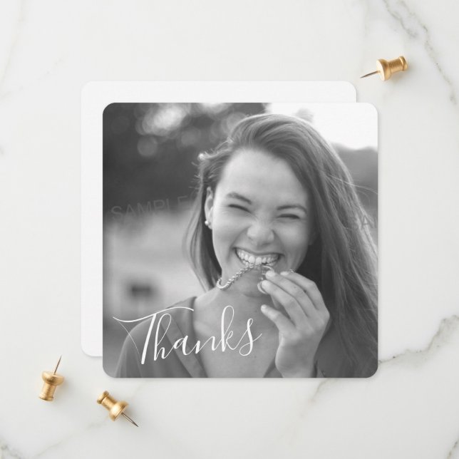 Classy Script Black/White Thanks Graduation Photo Save The Date (Front/Back In Situ)