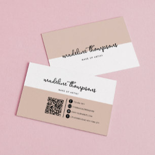 Classy Script Dual Tone Beige White Script QR Code Business Card