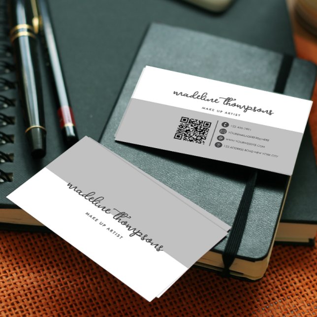 Classy Script Dual Tone Silver Grey Script QR Code Business Card (Creator Uploaded)