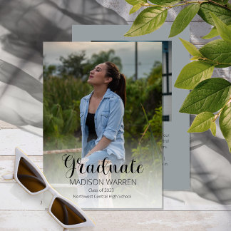 Classy Script Graduate Two Photo Graduation Gray Invitation