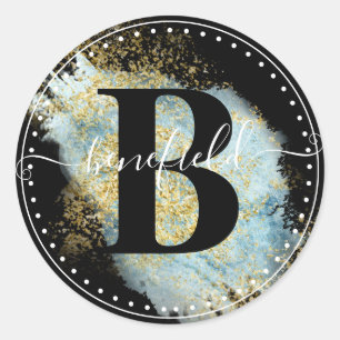 Classy Script Name with Intial Black Gold & Blue Classic Round Sticker