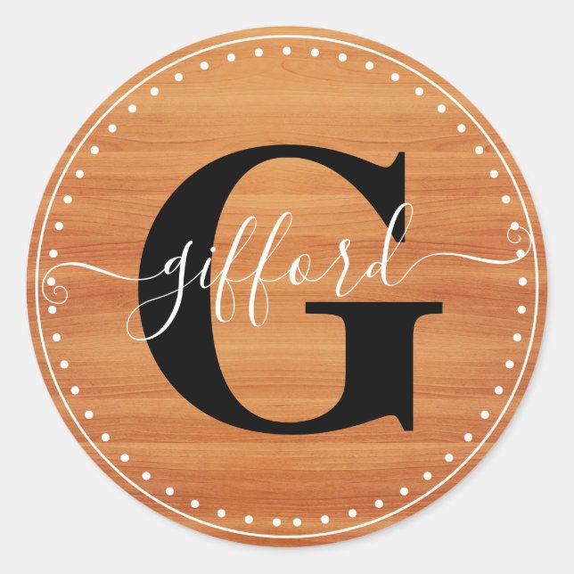 Classy Script Name with Intial | Wood Look Classic Round Sticker (Front)