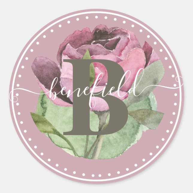 Classy Script Name with Mauve Flower Design Classic Round Sticker (Front)