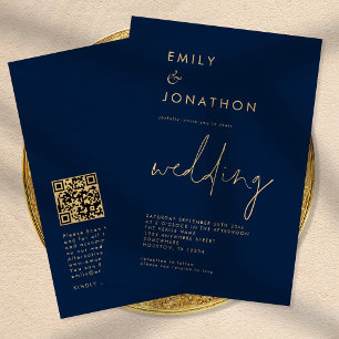 Classy Script QR Code Navy Gold Wedding Invitation