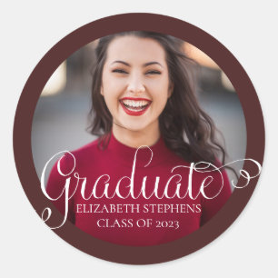Classy Script Text Graduate Photo Maroon   White Classic Round Sticker