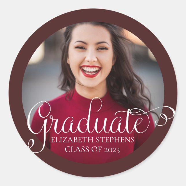 Classy Script Text Graduate Photo Maroon | White Classic Round Sticker (Front)