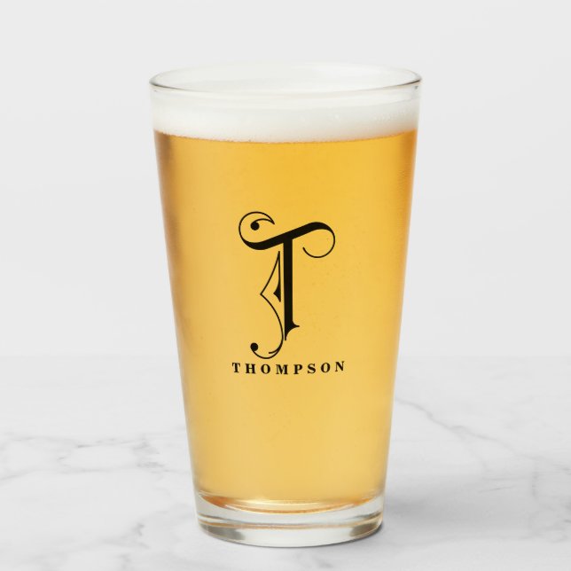 Classy Scroll Monogram Initial T with Last Name  Glass (Front Filled)