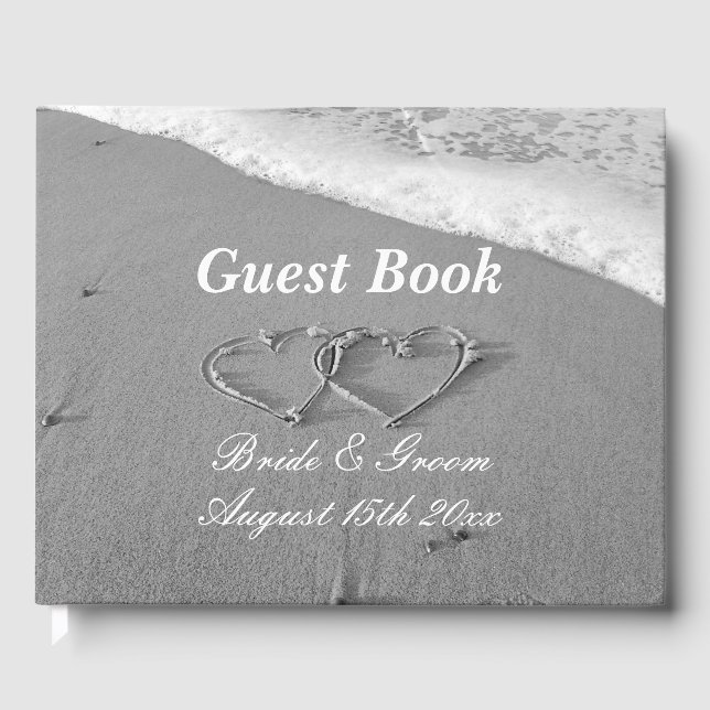 Classy sea coast drawn hearts photo beach wedding guest book (Front)