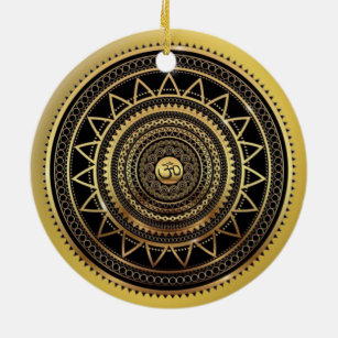 Classy Shiny Black & Gold OM Symbol Mandala Ceramic Ornament