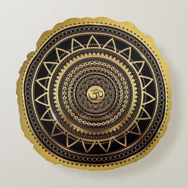 Classy Shiny Black & Gold OM Symbol Mandala Round Cushion (Front)