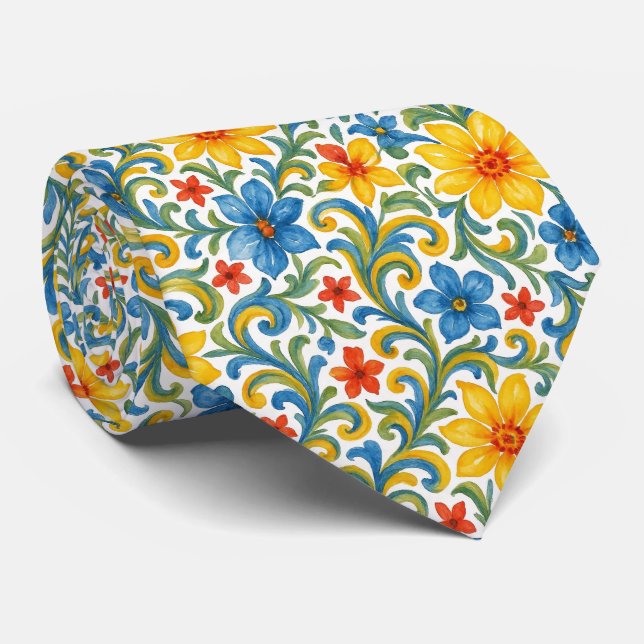 Classy Sicilian Colourful Leaves Floral Art Patter Tie (Rolled)