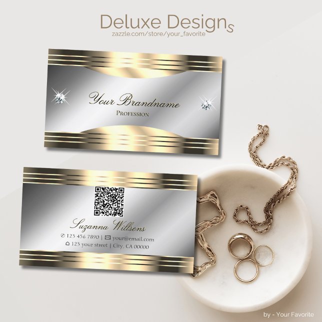 Classy Silver and Gold Shiny Diamonds with QR Code Business Card (Creator Uploaded)