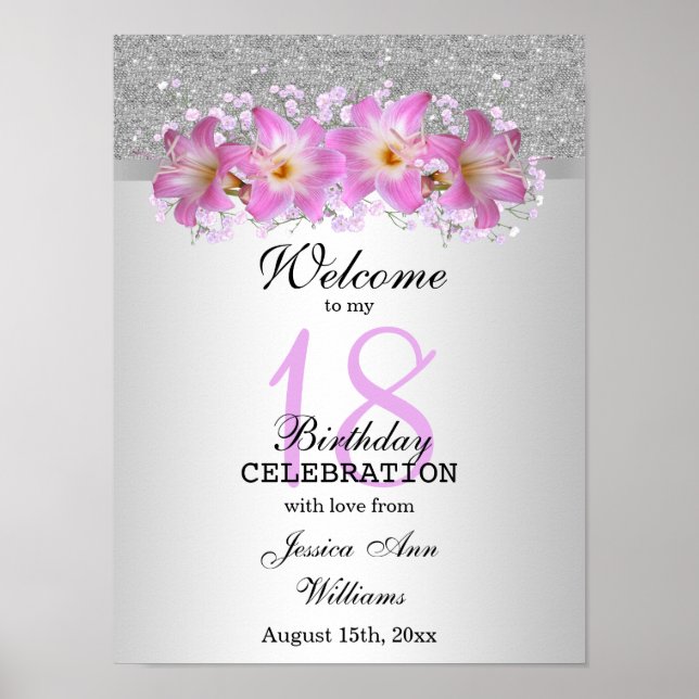 Classy Silver & Belladonna Lilies 18th Birthday    Poster (Front)