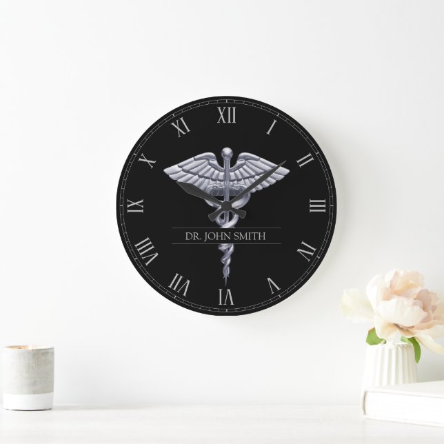 Classy Silver Caduceus on Black Medical Large Clock (Home)