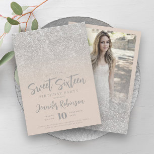 Classy Silver Champagne Glitter Photo Sweet 16   Invitation