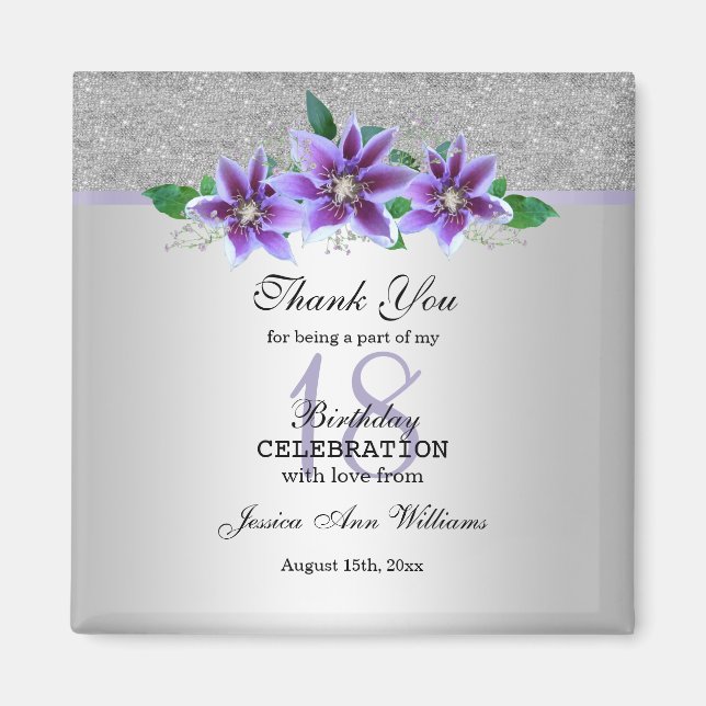 Classy Silver & Clematis Flowers 18th Birthday   Magnet (Front)
