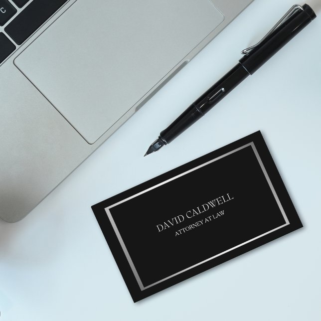 Classy Silver Frame Minimalist on Black Business Card (Creator Uploaded)