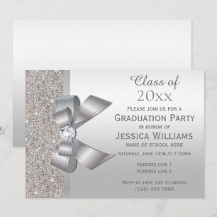 Classy Silver Gem Bow, Silver Sequins Graduation Invitation