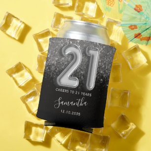 Classy Silver Glitter and Black 21st Birthday Can Cooler