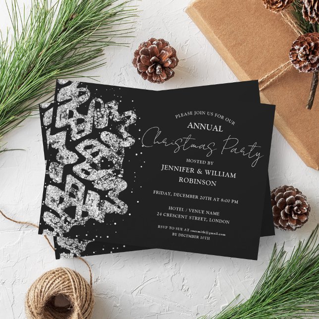 Classy Silver Glitter Xmas Snowflake Holiday Black Invitation (Classy Silver Glitter Xmas Snowflake Holiday Black Invitation)