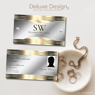 Classy Silver Gold Shiny Diamonds Monogram Photo Business Card