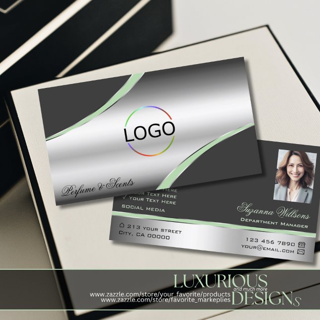 Classy Silver Grey Curved Decor Lines Logo Photo Business Card (Creator Uploaded)