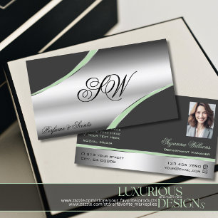 Classy Silver Grey Curved Lines Monogram and Photo Business Card