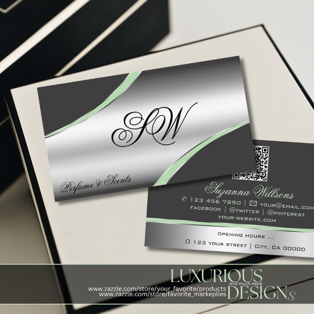 Classy Silver Grey Curved Lines Monogram QR Code Business Card (Creator Uploaded)