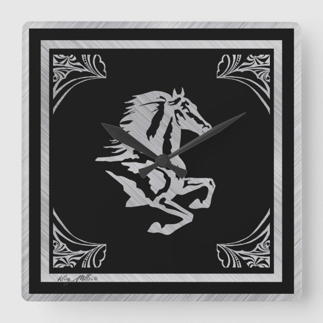 CLASSY SILVER HORSE SILHOUETTE SQUARE WALL CLOCK (Front)