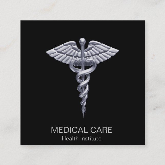 Classy Silver Medical Caduceus on Black Square Business Card (Front)