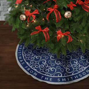 CLASSY SILVER & NAVY BLUE CHRISTMAS DAMASK CUSTOM BRUSHED POLYESTER TREE SKIRT