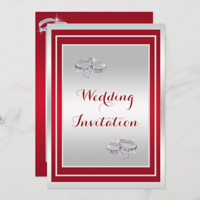 Classy Silver & Red, Diamond Wedding Rings Wedding Invitation (Front/Back)