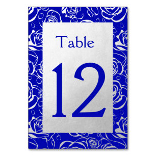 Classy Silver Roses on Royal Blue Table Number