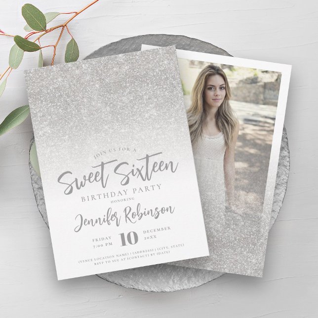 Classy Silver Sparkle Glitter Photo Sweet 16   Invitation (Classy Silver Sparkle Glitter Photo Sweet 16 Invitation)