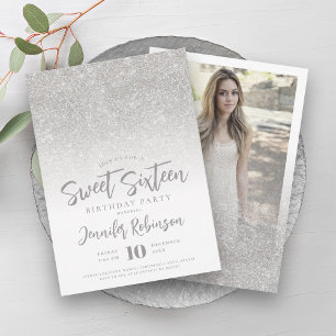 Classy Silver Sparkle Glitter Photo Sweet 16   Invitation