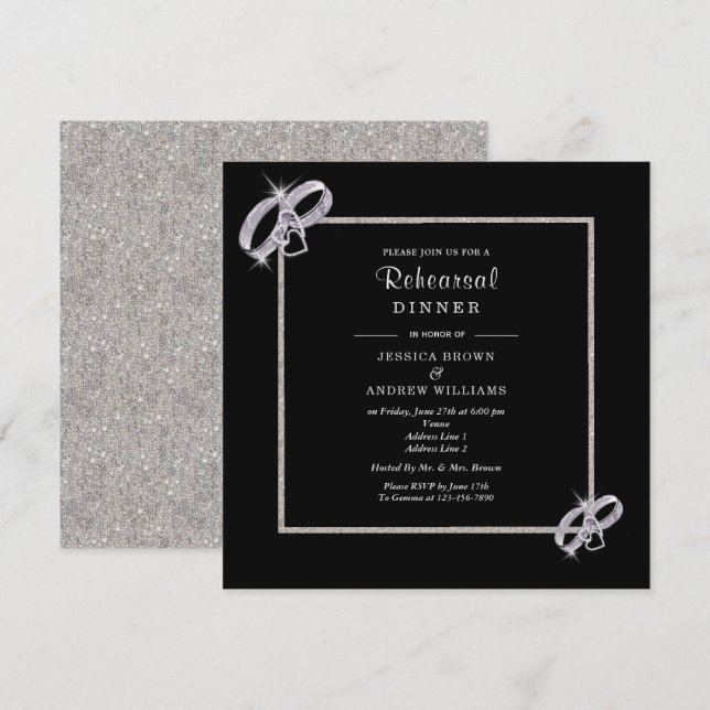 Classy Silver Wedding Rings Rehearsal Dinner Invitation (Front/Back)