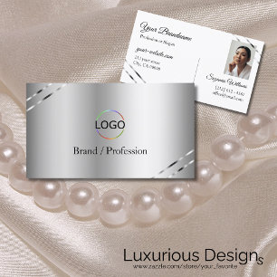 Classy Silver with Shimmery Lines Logo and Photo Business Card
