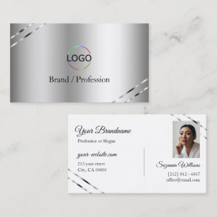 Classy Silver with Shimmery Lines Logo and Photo Business Card