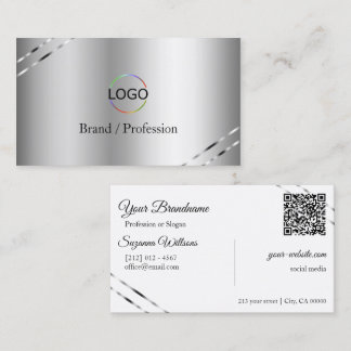 Classy Silver with Shimmery Lines Logo and QR Code Business Card