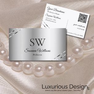 Classy Silver with Shimmery Lines Monogram QR Code Business Card