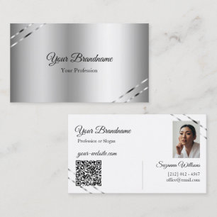 Classy Silver with Shimmery Lines Photo QR Code Business Card