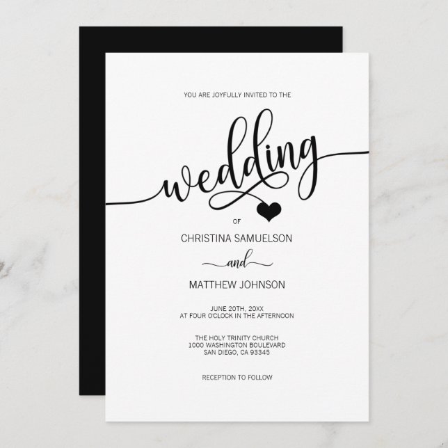 Classy Simple Black & White Heart Wedding Invitation (Front/Back)
