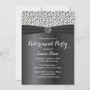 Classy Snow Leopard Print Black Ribbon Retirement Invitation