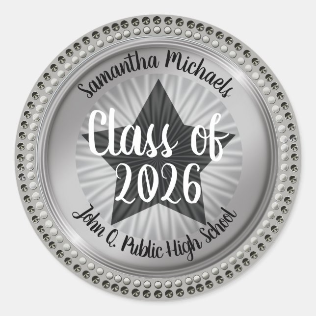 Classy Star Silver Class of 2026 Graduation Classic Round Sticker (Front)