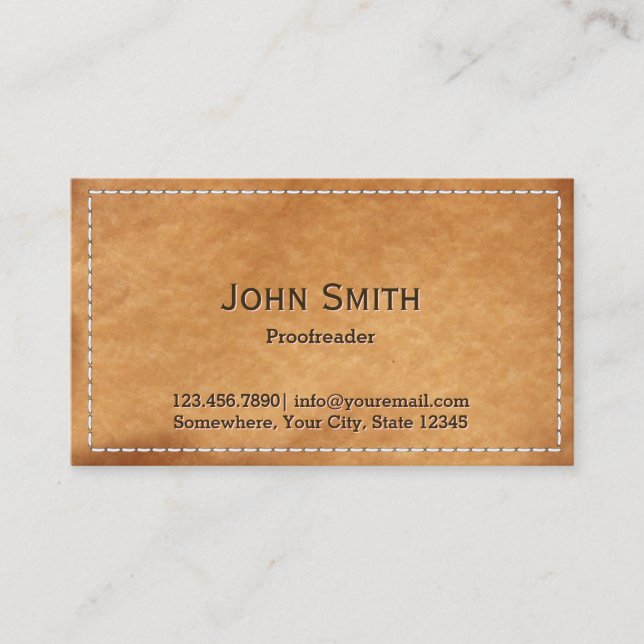 Classy Stitched Leather Proofreading Business Card (Front)