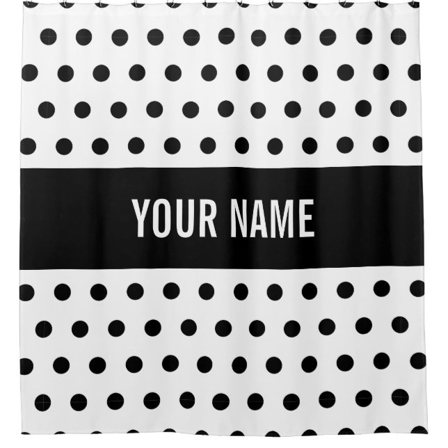 Classy Striped Custom Name Black & White Polka Dot Shower Curtain (Front)