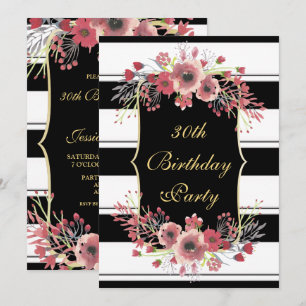 Classy Stripes Floral Watercolor 30th Birthday Invitation
