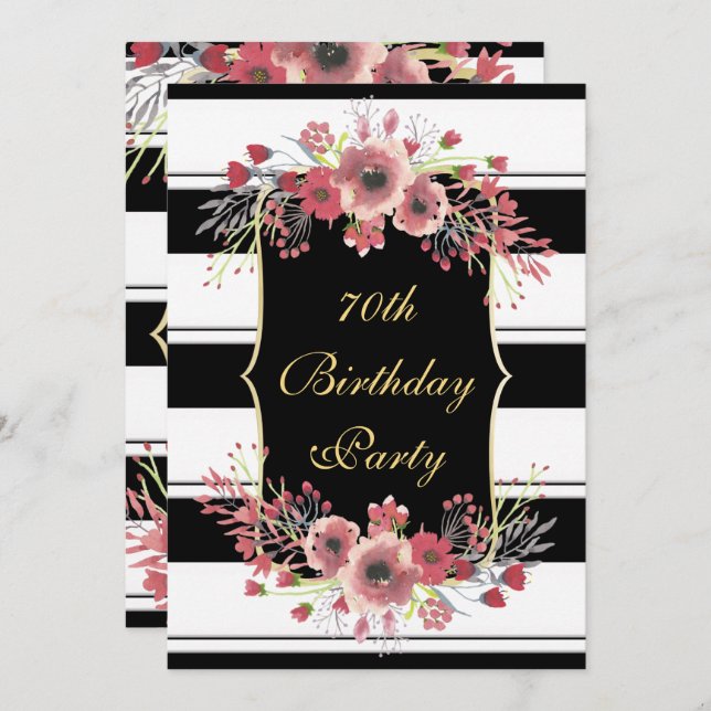Classy Stripes Floral Watercolor 70th Birthday Invitation (Front/Back)
