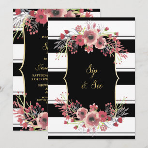 Classy Stripes Floral Watercolor Sip & See Invitation