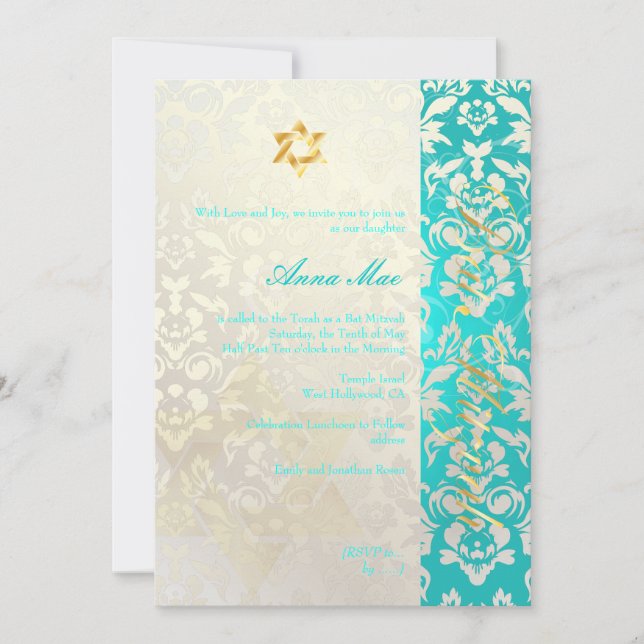 Classy + Stylish Damask Bat Mitzvah/Aquamarine Invitation (Front)